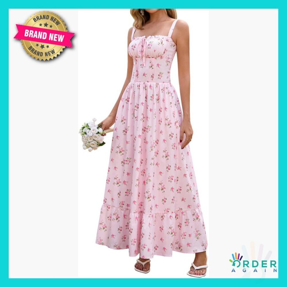 Corset Maxi Dress Lace Up Flowy A Line Boho Elegant Sundress with Pockets